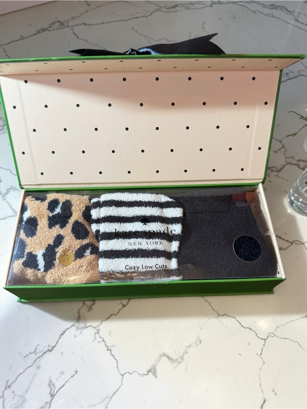 Kate Spade Cozy Low Cuts Socks 3 Pair Leopard Stripe Black Gift Box NWT